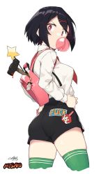 1girl absurdres ass backpack bad_id bad_twitter_id bag bag_charm black_hair blood bloody_weapon blowing_bubbles character_charm character_name charm_(object) chewing_gum cloba cosmetics cropped_legs female_focus green_thighhighs hair_ornament hairclip hammer hands_on_own_hips high-waist_shorts highres inactive_account kunio-kun_series looking_at_viewer looking_back misako_(kunio-kun) necktie profanity river_city_girls short_hair short_shorts shorts simple_background skindentation solo striped_clothes striped_thighhighs supreme_(brand) thighhighs tomboy wand weapon