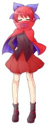 Rule 34 | 1girl, alphes (style), black shirt, black shoes, blue ribbon, bow, cape, closed eyes, commentary request, covered mouth, dairi, full body, hair bow, hair ribbon, hand on own hip, highres, large variant set, looking at viewer, parody, red cape, red hair, red skirt, ribbon, sekibanki, shirt, shoes, short hair, skirt, solo, style parody, tachi-e, touhou, transparent background, variant set