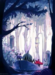 Rule 34 | 1girl, 2boys, black skin, blue cloak, blue leaf, boat, cloak, colored skin, flag, forest, green cloak, highres, holding, holding flag, hollow eyes, hollow knight, hollow knight (character), horned mask, hornet (hollow knight), knight (hollow knight), lamppost, lantern, leaf, looking ahead, looking at another, looking down, mask, morretlin, multiple boys, nature, no humans, on boat, pillar, plant, red cloak, river, signature, tree, twitter username, watercraft, white mask