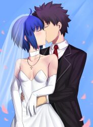 1boy 1girl ahoge bare_shoulders black_hair black_jacket black_suit black_vest blue_hair breasts bridal_veil choker ciel_(tsukihime) cleavage closed_eyes collarbone collared_shirt commission commissioner_upload cowboy_shot cross cross_necklace dress elbow_gloves eyebrows_hidden_by_hair falling_petals fate/grand_order fate_(series) formal_clothes fujimaru_ritsuka_(male) gloves hands_on_another&#039;s_waist highres husband_and_wife jacket jewelry kiss light_blush long_sleeves longdq3008 medium_breasts necklace necktie petals pink_petals profile red_necktie shirt short_hair sideboob sidelocks spiked_hair straight-on strapless strapless_dress suit suit_jacket tsukihime veil vest wedding wedding_dress white_choker white_dress white_gloves white_shirt