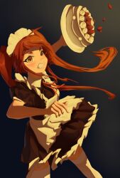 1girl absurdres angry apron blush cake clenched_teeth eris_greyrat food fruit highres kokllc long_hair maid mushoku_tensei red_eyes red_hair solo strawberry tearing_up teeth thighhighs throwing throwing_food twintails zettai_ryouiki