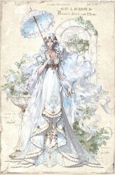1girl absurdres breasts dress english_text flower full_body highres holding holding_umbrella long_dress long_hair looking_at_viewer original parasol solo standing umbrella very_long_hair white_dress white_hair white_umbrella zhiyehuang