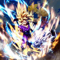 2boys aura blonde_hair dragon_ball dragon_ball_legends father_and_son green_eyes multiple_boys muscular muscular_male official_art serious son_gohan son_goku spiked_hair super_saiyan
