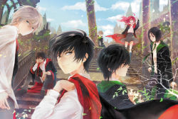 1girl 6+boys ahoge animification arms_at_sides bad_id bad_pixiv_id black_hair blouse bob_cut brothers brown_hair coat collared_shirt day ebyo glasses green_necktie hair_between_eyes harry_potter_(series) head_rest jacket jacket_over_shoulder james_potter kneehighs lily_evans long_hair multiple_boys necktie petals peter_pettigrew plant red_hair red_necktie regulus_arcturus_black remus_lupin round_eyewear school_uniform severus_snape shirt siblings sirius_black sitting smile socks standing unworn_coat unworn_jacket white_shirt wizarding_world