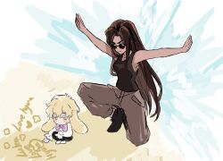 1boy 1girl alien_stage animal_ears bilingual_commentary black_pants black_shoes black_tank_top blonde_hair bow bowtie brown_hair brown_pants character_name commentary dark-skinned_female dark_skin english_commentary floppy_ears highres hyuna_(alien_stage) lolo_(myon_creative) long_hair luka_(alien_stage) mini_person miniboy mixed-language_commentary outstretched_arms pants purple_bow purple_bowtie rabbit_boy rabbit_ears sand_writing shoes short_hair spread_arms sunglasses tank_top very_long_hair yellow_eyes