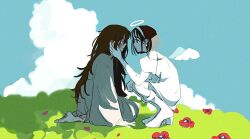 Rule 34 | 2girls, alien stage, barefoot, black eyes, blue sky, boots, burn scar, cloud, commentary, dress, earrings, flower, grass, hairband, halo, hand on another&#039;s face, hashtag-only commentary, jewelry, long hair, mizi (alien stage), multiple girls, ng (fa oo0), pearl earrings, red flower, robe, scar, scar on face, scar on leg, short hair, sitting, sky, squatting, sua (alien stage), very long hair, white boots, white dress, white hairband, white wings, wings, yellow eyes