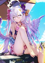 3girls absurdres azusa_(blue_archive) azusa_(swimsuit)_(blue_archive) bad_feet bare_shoulders barefoot bikini black_hair black_wings blue_archive blue_sky blush bow closed_mouth cloud commentary_request day feathered_wings feet_out_of_frame frilled_bikini frills grey_wings hair_between_eyes hair_bow halo hifumi_(blue_archive) hifumi_(swimsuit)_(blue_archive) highres horizon knee_up long_hair multiple_girls nail_polish nekoya_(liu) ocean one_side_up outdoors pink_bow polka_dot polka_dot_bow purple_bikini purple_eyes revision sand_castle sand_sculpture signature sitting sky solo_focus spread_toes swimsuit toes tsurugi_(blue_archive) tsurugi_(swimsuit)_(blue_archive) twitter_username very_long_hair water wings