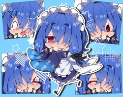 &gt;_&lt; 1girl :d ^_^ apron black_shoes blue_background blue_kimono blush chibi closed_eyes closed_mouth commentary_request flying_sweatdrops frilled_apron frills hair_over_one_eye highres japanese_clothes kimono long_hair long_sleeves maid maid_apron maid_headdress milkpanda multiple_views nose_blush open_mouth original outline pantyhose red_eyes shoes short_eyebrows smile star_(symbol) sweat thick_eyebrows very_long_hair wa_maid white_apron white_outline white_pantyhose wide_sleeves