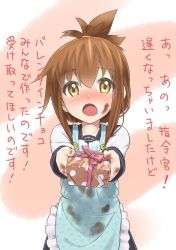 10s 1girl apron blush box brown_eyes brown_hair chocolate commentary_request errant female_focus folded_ponytail food food_on_face gift gift_box inazuma_(kancolle) kantai_collection looking_at_viewer open_mouth school_uniform serafuku simple_background solo stained_clothes valentine