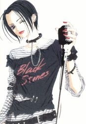 1girl belt black_hair clothes_writing collar ear_piercing earrings female_focus jewelry lipstick makeup microphone microphone_stand nail_polish nana_(manga) nana_(series) official_art one_eye_closed oosaki_nana osaki_nana piercing punk red_nails ring safety_pin shirt short_hair simple_background solo striped_clothes striped_shirt wink yazawa_ai