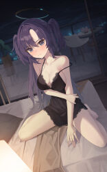 1girl absurdres arm_under_breasts balcony bare_legs black_chemise blue_archive blush breasts chemise cleavage collarbone commentary halo highres holding_own_arm indoors lace-trimmed_chemise large_breasts lingerie long_hair looking_at_viewer mansu_(user_pnmp4287) purple_eyes purple_hair sitting solo spaghetti_strap strap_slip two_side_up underwear underwear_only very_long_hair wariza yuuka_(blue_archive)