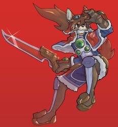 1boy alm_lobo animal_ears bone_in_mouth clenched_teeth commentary diffraction_spikes dog_boy dog_ears dog_tail english_commentary fangs furry furry_male goggles goggles_on_head highres holding holding_sword holding_weapon little_tail_bronx looking_to_the_side male_focus red_background red_savarin solatorobo sword tail teeth weapon