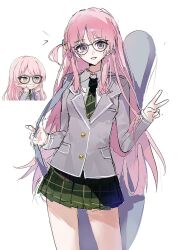 1girl absurdres bang_dream! bang_dream!_it&#039;s_mygo!!!!! beichezhuangle bespectacled black-framed_eyewear blazer blue_eyes bocchi_the_rock! breast_pocket buttons chihaya_anon collared_jacket collared_shirt cosplay cowboy_shot cube_hair_ornament eyelashes glasses gotoh_hitori gotoh_hitori_(cosplay) green_necktie green_skirt grey_jacket guitar_case hair_between_eyes hair_ornament haneoka_school_uniform happy highres instrument_case jacket lapels layered_sleeves long_hair long_sleeves miniskirt necktie notched_lapels notice_lines one_side_up pink_hair plaid_clothes plaid_skirt pleated_skirt pocket reference_inset school_uniform shirt sidelocks simple_background skirt solo standing straight_hair striped_necktie thighs v very_long_hair white_background white_shirt