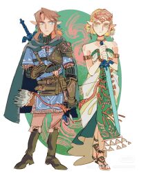 1boy 1girl absurdres arrow_(projectile) black_cape blonde_hair blue_eyes blue_shirt bonnieincitiy bow_(weapon) cape champion&#039;s_tunic_(zelda) drawing_bow dress ear_piercing earrings green_eyes green_tabard highres holding holding_bow_(weapon) holding_sword holding_weapon jewelry link looking_at_viewer master_sword nintendo piercing pointy_ears princess_zelda quiver shirt shoulder_pads strapless strapless_dress sword tabard the_legend_of_zelda the_legend_of_zelda:_tears_of_the_kingdom weapon white_dress