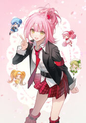5girls ;d absurdres armband artist_name belt belt_buckle black_jacket blue_eyes blue_hair buckle chaoji_jiandan chibi chibi_inset chinese_commentary collared_shirt commentary_request cross_hair_ornament dia_(shugo_chara!) feet_out_of_frame gingham_skirt green_eyes green_hair guardian_chara hair_ornament highres hinamori_amu jacket lapels looking_at_viewer miki_(shugo_chara!) miniskirt multiple_girls necktie notched_lapels one_eye_closed one_side_up open_clothes open_jacket open_mouth orange_eyes orange_hair pink_eyes pink_hair pleated_skirt ran_(shugo_chara!) red_armband red_necktie red_skirt school_uniform seiyo_academy_school_uniform shadow shirt shugo_chara! skirt smile solo_focus suu_(shugo_chara!) v white_shirt wing_collar yellow_eyes