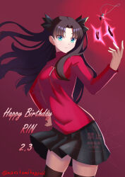 1girl black_hair black_skirt black_thighhighs blue_eyes breasts cowboy_shot cross cross_print dated english_text fate/stay_night fate_(series) floating_hair gem hair_ribbon hand_on_own_hip hand_up happy_birthday highres jewelry long_hair looking_at_viewer medium_breasts miniskirt narukamikagerou pendant pleated_skirt red_background red_sweater ribbon simple_background skirt solo sweater thighhighs tohsaka_rin turtleneck turtleneck_sweater two_side_up very_long_hair watermark zettai_ryouiki