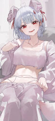 1girl absurdres ahoge animal_ears blue_hair braid fake_animal_ears fang heart heart_ahoge highres jewelry looking_at_viewer mac_star midriff navel necklace open_mouth original rabbit_ears red_eyes sitting solo teeth twin_braids upper_teeth_only
