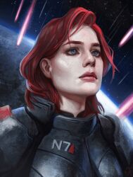 1girl animated animated_gif armor blue_eyes brother_thunder commander_shepard commander_shepard_(female) commentary english_commentary expressionless freckles hair_behind_ear looking_up making-of mass_effect_(series) mass_effect_3 n7_armor portrait power_armor realistic red_hair red_lips short_hair solo space