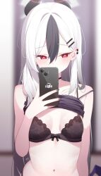 1girl alternate_costume alternate_hairstyle bare_arms bare_shoulders black_bra black_choker black_tank_top blue_archive blush bra cellphone choker clothes_lift demon_girl demon_horns deyui ear_piercing hair_behind_ear hair_between_eyes highres holding holding_phone horns kayoko_(blue_archive) long_hair looking_at_viewer multicolored_hair navel phone piercing red_eyes selfie shirt_lift sidelocks smartphone solo stomach tank_top two-tone_hair underwear