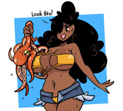 absurdres bikini black_hair bro-girl bro-girl_(murgoten) dark-skinned_female dark_skin english_text highres mole mole_under_eye murgoten octopus swimsuit