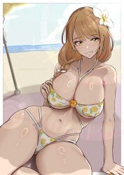 1girl beach beach_towel bikini blush braid breasts brown_eyes brown_hair cleavage fire_emblem fire_emblem_engage floral_print flower goldmary_(fire_emblem) hair_flower hair_ornament hair_over_breasts hair_ribbon highres large_breasts long_hair looking_at_viewer midriff mole mole_on_breast nintendo ocean outdoors ribbon side_ponytail skindentation smile solo stomach swimsuit thick_thighs thighs towel umbrella underboob vialnite white_bikini white_ribbon yellow_eyes