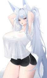 1girl absurdres animal_ear_fluff animal_ears arms_behind_head black_shorts blue_eyes blush breasts collarbone commentary dolphin_shorts first_one14 fox_ears fox_girl fox_tail grey_hair highres huge_breasts long_hair looking_at_viewer open_mouth original ponytail shirt shorts simple_background solo symbol-only_commentary tail teeth thighs upper_teeth_only very_long_hair white_background white_shirt