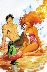 1girl 2boys abs absurdres alternate_costume bare_shoulders barefoot beast_boy_(dc) bird black_hair black_shorts breasts cleavage closed_eyes colored_skin dan_mora dc_comics fiery_hair green_eyes highres innertube kneeling long_hair looking_at_another medium_breasts multiple_boys muscular muscular_male nightwing one-piece_swimsuit orange_hair orange_skin penguin pink_one-piece_swimsuit reflection reflective_water sand short_hair shorts starfire swim_ring swimsuit teen_titans textless_version topless_male two-tone_one-piece_swimsuit water white_one-piece_swimsuit