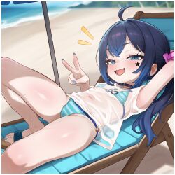 Rule 34 | 1girl, absurdres, armpits, beach, bikini, blue bikini, blue eyes, blue hair, blue nails, blurry, blurry background, commentary, commission, dallei, depth of field, fang, flat chest, highres, indie virtual youtuber, long hair, looking at viewer, mugen mochi, nail polish, o-ring, o-ring bikini, open mouth, outdoors, pixiv commission, see-through clothes, see-through shirt, shirt, skin fang, solo, star sticker, striped bikini, striped clothes, swimsuit, toenail polish, toenails, twintails, v, virtual youtuber, wet, wet clothes, wet shirt, white shirt