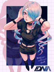 Rule 34 | 1girl, absurdres, aqua hair, arm strap, artist name, belt, black choker, black shirt, black shoes, black skirt, black straps, blue background, breasts, brown belt, checkered border, choker, closed mouth, collarbone, commentary, commission, dna, drill hair, drill sidelocks, english text, from above, full body, hair over one eye, hand in own hair, hand on own head, highres, lips, looking at viewer, lui n24, midriff peek, multicolored hair, original, pink hair, purple eyes, quad drills, shirt, shoes, short sleeves, sidelocks, single sidelock, skirt, small breasts, solo, symbol-only commentary, two-tone hair