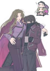 1girl 2boys :d bandana belt black_bandana black_gloves black_pants black_shirt blue_eyes breasts brown_eyes brown_hair chibi coat coat_on_shoulders coffee_mug collared_shirt cup glasses gloves gregor_(project_moon) highres large_breasts limbus_company long_hair long_sleeves looking_at_another looking_at_viewer low_ponytail meursault_(project_moon) mug multiple_boys ntcke open_mouth pants parted_bangs ponytail project_moon purple_coat purple_pants purple_shirt rodion_(project_moon) rosespanner_workshop_(identity)_(project_moon) shirt simple_background smile standing upper_body white_background
