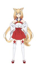 1girl animal_ear_fluff animal_ears anime_coloring bare_shoulders blonde_hair collarbone facepaint fox_ears fox_girl fox_tail full_body geta hakama hakama_short_skirt hakama_skirt hands_on_own_hips highres itou_yuuta japanese_clothes kimono long_hair long_sleeves looking_at_viewer low_twintails miko official_art red_hakama ryouen_(tsuihou_shiro_madoushi) short_eyebrows skirt smile solo standing tail thick_eyebrows thighhighs twintails very_long_hair white_thighhighs yellow_eyes yuusha_party_wo_tsuihou_sareta_shiro_madoushi_s-rank_boukensha_ni_hirowareru