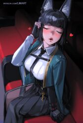 1girl absurdres animal_ears black_gloves black_hair black_necktie black_skirt blush closed_eyes fox_ears fox_girl gloves green_jacket high-waist_skirt highres hoshimi_miyabi incoming_kiss jacket limart long_hair necktie puckered_lips shirt sitting skirt solo white_shirt zenless_zone_zero