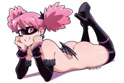 1girl absurdres ai-assisted arm_covers_breast ass ass_focus back bare_back bare_hips bat_wings black_sleeves black_thighhighs blush boku_no_hero_academia bones_(company) boots bottomless breasts completely_nude costume demon_girl detached_sleeves domino_mask earrings elbow_gloves fang female_focus flat_chest functionally_nude gloves grin haneyama_kazuho high_heel_boots high_heels highres huge_ass jewelry l3wd4ever loli looking_at_viewer looking_back lying makeup mask my_hero_academia:_vigilantes nude on_stomach pale_skin pink_eyes pink_hair pop_step shoes short_twintails shounen_jump small_breasts smile solo teeth thick_thighs thigh_boots thighhighs thighs twintails vigilante_-boku_no_hero_academia:_illegals- wide_hips wings