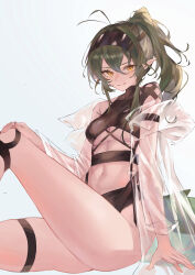 1girl absurdres arknights bikini black_bikini breasts commentary gavial_(arknights) green_hair grey_background hair_between_eyes hand_on_own_knee highres knee_up linea_alba long_hair looking_at_viewer medium_breasts navel pointy_ears ponytail puranetto_(vjun4748) see-through_clothes see-through_sleeves sitting smile solo stomach swimsuit thigh_strap underboob yellow_eyes