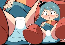 1girl arm_support ass beret black_eyes black_hat blue_hair blue_skirt blush boots clothes_lift crotch_seam flat_chest hat hilda_(hilda) hilda_(series) legs_up loli long_hair long_sleeves looking_at_viewer lying multiple_views open_mouth orange_scarf panties red_boots red_sweater scarf skirt skirt_lift sweater underwear white_background white_panties yume_yoroi