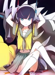 Rule 34 | 10s, 1girl, adapted costume, alternate costume, ascot, bad id, bad pixiv id, black hair, blue eyes, cosplay, elesa (pokemon), gen 5 pokemon, grey skirt, gym leader, headphones, inae keiji, inaeda kei, lass (pokemon) (cosplay), long hair, nintendo, poke ball, pokemon, pokemon (creature), pokemon bw2, school uniform, serafuku, short sleeves, sitting, skirt, socks, zebstrika