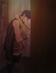 1boy 1girl after_kiss bad_id bad_twitter_id black_thighhighs blue_boots blue_eyes blue_hair boots braid brand_of_the_exalt brown_boots brown_skirt chrom_(fire_emblem) couple cropped_jacket female_robin_(fire_emblem) fire_emblem fire_emblem_awakening gloves grey_gloves hetero highres hug iiekahp indoors jacket long_hair looking_at_another nintendo saliva saliva_trail shirt short_sleeves skirt sleeveless standing thigh_boots thighhighs twintails white_hair white_shirt yellow_jacket