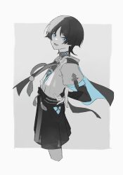 1boy armor belt blue_cape blue_eyes blue_kimono blue_sleeves blunt_ends bodysuit bow bridal_gauntlets cape cropped_legs genshin_impact glowing_markings greyscale greyscale_with_colored_eyes hakama hakama_shorts highres hip_vent japanese_armor japanese_clothes juban kimono kote layered_sleeves male_focus middle_ring monochrome offering_hand open_clothes open_hand open_kimono open_mouth parted_bangs pleated_shorts pom_pom_(clothes) rope sash scaramouche_(genshin_impact) short_sleeves shorts solo spot_color tassel touxin_0316 turtleneck turtleneck_bodysuit wanderer_(genshin_impact)
