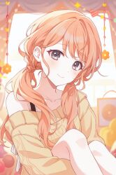 1girl bare_shoulders blush closed_mouth collarbone commentary_request feet_out_of_frame grey_eyes hanasato_minori kheng_(k_heng1223) long_hair long_sleeves looking_at_viewer low_twintails off-shoulder_sweater off_shoulder orange_hair project_sekai sitting smile solo sweater twintails yellow_sweater