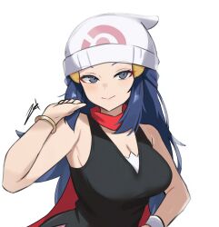 1girl alternate_breast_size artist_name bare_shoulders beanie blue_hair bracelet breasts dawn_(pokemon) hair_ornament hairclip hat jewelry large_breasts long_hair looking_at_viewer nintendo pokemon pokemon_(anime) pokemon_dppt_(anime) red_scarf scarf shiny_skin simple_background upper_body watch white_background zet_(twt_zet)