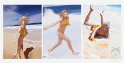 1girl absurdres barefoot beach bikini blue_sky breasts closed_eyes day green_eyes grey_hair highres kantai_collection kinugasa_(kancolle) large_breasts looking_at_viewer lying multiple_views ocean ojipon on_stomach open_mouth orange_bikini outdoors sand shadow sky swimsuit twitter_username water watermark