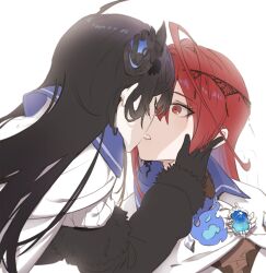 2girls black_gloves black_hair closed_eyes elizabeth_rose_bloodflame elizabeth_rose_bloodflame_(1st_costume) enigmatic_recollection gloves highres hololive hololive_english horns imminent_kiss long_hair multiple_girls nerissa_ravencroft nerissa_ravencroft_(1st_costume) otashishi red_eyes red_hair virtual_youtuber yuri