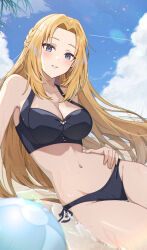 1girl alpha_(kage_no_jitsuryokusha_ni_naritakute!) ball beachball bikini black_bikini blonde_hair blue_eyes blue_sky braid breasts cleavage cloud cowboy_shot day elf half_up_braid highres kage_no_jitsuryokusha_ni_naritakute! large_breasts long_hair looking_at_viewer lying matsumoto_yuu on_side outdoors pointy_ears side-tie_bikini_bottom sky solo swimsuit very_long_hair