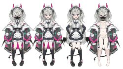 Rule 34 | 1girl, apron, artist self-insert, black jacket, boots, bow, bra, character request, collarbone, demon horns, demon tail, detached sleeves, dress, earrings, elbow gloves, frilled apron, frilled dress, frills, full body, gloves, grey hair, hair bow, horns, indie virtual youtuber, jacket, jewelry, knee boots, maid, maid headdress, mask, mouth mask, multiple views, nagisa chan, nakatokung, navel, official art, open clothes, open jacket, open mouth, oversized clothes, panties, tail, underwear, virtual youtuber, white background, white bra, white panties
