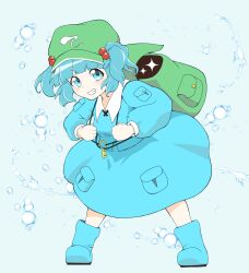 1girl backpack bag blue_background blue_boots blue_eyes blue_hair blue_shirt blue_skirt blunt_bangs blush boots bubble collared_shirt commentary_request full_body green_bag green_hat grin hair_bobbles hair_ornament hat highres jewelry kawashiro_nitori key key_necklace kurohiba leaning_forward long_sleeves looking_at_viewer necklace newsboy_cap pocket shirt short_hair skirt skirt_set smile solo touhou two_side_up v-shaped_eyebrows water