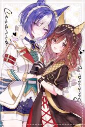 2girls absurdres animal_ears blue_hair blush braid breasts brown_hair buena_vista_(umamusume) cesario_(umamusume) character_name commentary_request crown_braid gloves hair_between_eyes hair_ornament hairband highres holding_hands horse_ears horse_tail medium_breasts medium_hair multiple_girls open_mouth shorts smile tail tetora_(oudonoishiize) umamusume