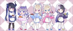 5girls :&lt; :d :o absurdres alternate_costume alternate_hairstyle animal_ear_fluff animal_ears apron argyle_background argyle_clothes asymmetrical_footwear asymmetrical_hair asymmetrical_horns back_bow bandaid bandaid_hair_ornament bandaid_on_leg belt black_hair black_jacket blonde_hair blue_eyes blue_footwear blue_hair blue_jacket blunt_bangs blush border bow bread buckle carton chest_belt chibi chiyomaru_(yumichiyo0606) closed_mouth colored_inner_animal_ears colored_inner_hair crown demon_horns dog_ears dog_girl double_bun drinking_straw flower food frilled_apron frills full_body fuwawa_abyssgard gem_hair_ornament gradient_hair grey_hair hair_between_eyes hair_bow hair_bun hair_ornament hairclip high_collar highres holding holding_plate holding_tray holoadvent hololive hololive_english horn_flower horns jacket jersey_maid jewel_under_eye koseki_bijou long_hair long_sleeves looking_at_viewer loose_socks low_twintails maid maid_headdress melon_bread milk milk_carton mismatched_footwear mococo_abyssgard mole mole_under_eye multicolored_hair multiple_girls nerissa_ravencroft omelet omurice open_mouth orange_eyes outside_border parfait pink_eyes pink_hair pink_jacket pink_shoes plate ponytail purple_background purple_eyes purple_hair red_eyes red_footwear shiori_novella shoes siblings sidelocks sisters sleeves_past_fingers sleeves_past_wrists smile snap-fit_buckle socks split-color_hair standing strawberry_parfait tail teeth thigh_belt thigh_strap thighhighs tiara track_jacket tray turtleneck turtleneck_jacket twins twintails two-tone_hair two_side_up unconventional_maid uneven_horns upper_teeth_only very_long_hair virtual_youtuber waist_apron white_apron white_belt white_border white_bow white_socks x_hair_ornament yellow_shoes zipper_pull_tab