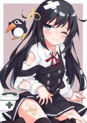 Rule 34 | 1girl, asashio (kancolle), asashio kai ni (kancolle), asymmetrical legwear, bandaid, bandaid on head, bandaid on leg, beritabo, black dress, black hair, black thighhighs, blue eyes, blue panties, blush, border, brown background, closed eyes, closed mouth, collared shirt, commentary request, crossed bandaids, dress, dress shirt, failure penguin, first aid kit, highres, kantai collection, long hair, long sleeves, neck ribbon, one eye closed, panties, pinafore dress, red ribbon, ribbon, school uniform, shirt, sleeveless, sleeveless dress, solo, strap slip, thighhighs, thighhighs pull, torn clothes, torn shirt, underwear, very long hair, white border, white shirt