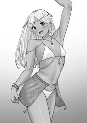 1girl :d absurdres arm_up armpits bikini blush bracelet breasts gradient_background greyscale highres jewelry long_hair looking_at_viewer monochrome open_mouth original small_breasts smile solo sweat swimsuit tan tantanmen72