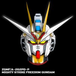 black_background character_name commentary english_text glowing glowing_eyes gundam gundam_seed gundam_seed_freedom highres looking_at_viewer mecha mighty_strike_freedom_gundam no_humans portrait robot solo sparkle spoilers strike_freedom_gundam v-fin xiphias_(mmi-m15e) yellow_eyes